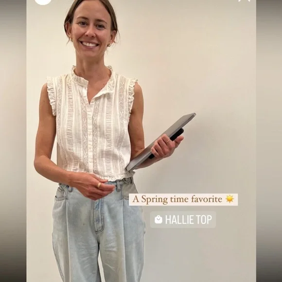 Doen Hallie Cotton Lace Ruffle Button Sleeveless Crop Blouse Top Salt White - Picture 5 of 11